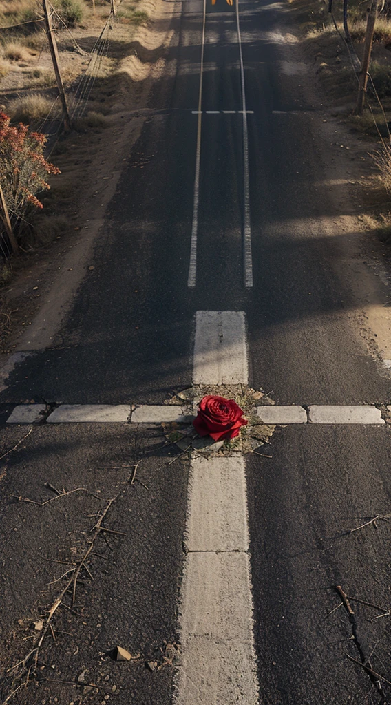 crossroads with cracked road and roses and thorns, with a sun in the center, a Spirit dress red running