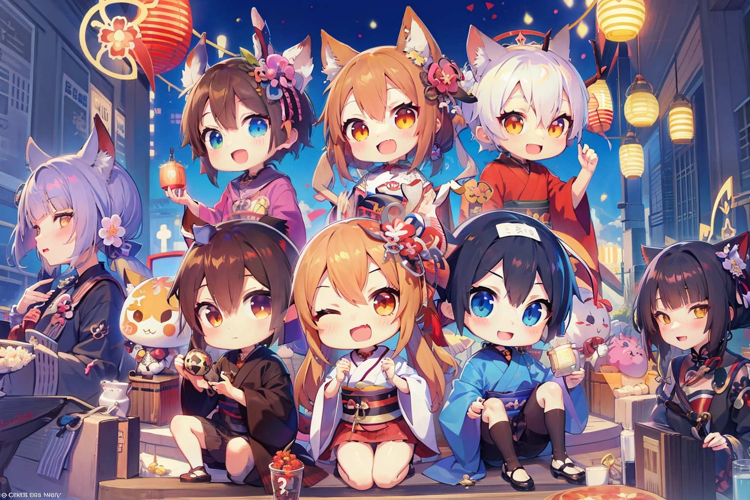 anime girls with cats and lanterns in the background, kawacy, cute anime, anime party of friend of wisdom, genshin, pixiv, chibi anime, cute anime style, official fanart, anime style 4 k, anime chibi, negao, pixiv contest winner, cute art style, at pixiv, pixiv style, onmyoji, anime!!!!!!!!!!!!!!!