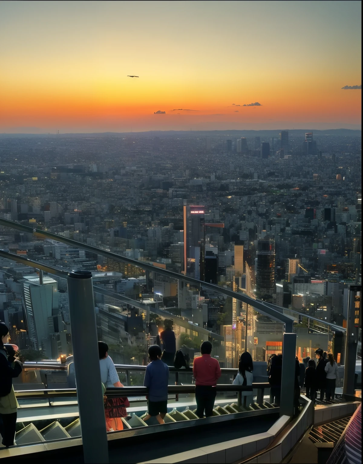 People standing on the escalator overlooking the city at sunset, Tokyo, Japan, Tokyo Skytree, Japan, tokyo city in the background, tokyo in the background, golden hour in tokyo, sunset view, toyko, At sunset, Tokyo night rooftop in the future, tokyo prefecture, City view at sunset, unparalleled views, sunset sunrise, toyko, at sunrise