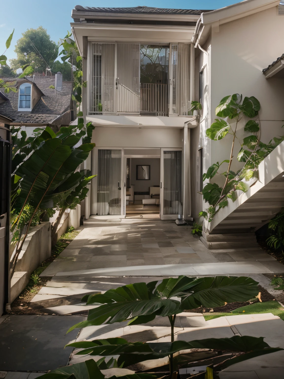 2-storey townhouse rendering, white wall rendering, leafy tree rendering, roof rendering
