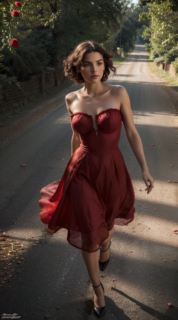 (best quality, highres), crossroads, cracked road, roses and thorns, sun in the center, running woman in a red dress, La Belle Epoque style, vibrant colors, sunlight, shadows, vintage atmosphere, dramatic lighting, detailed textures, dynamic movement, elegant posture, flowing dress, long curls, delicate facial features