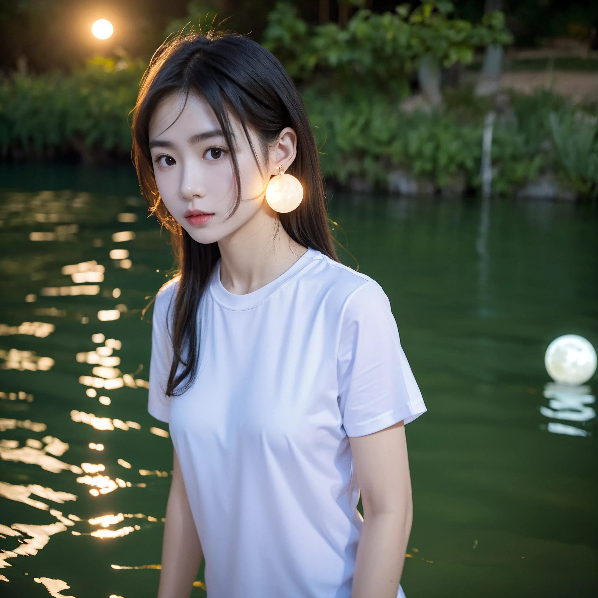 1 girl, wearing white t shirt, standing, midget, earing, in the lake with moon in the sky
