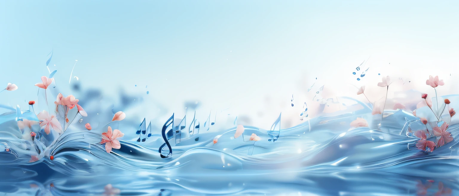 There is a painting of blue and pink flowers, The rhythm of flow, Funk music background, water background, Music, background artwork, beatiful background, music in the air, musical note, rapids background, Calm emotions, rotate harmoniously, musical note, isolated Backdrop, music theme, wallpaper anime blue water, liquid simulation background, !!The beautiful!!