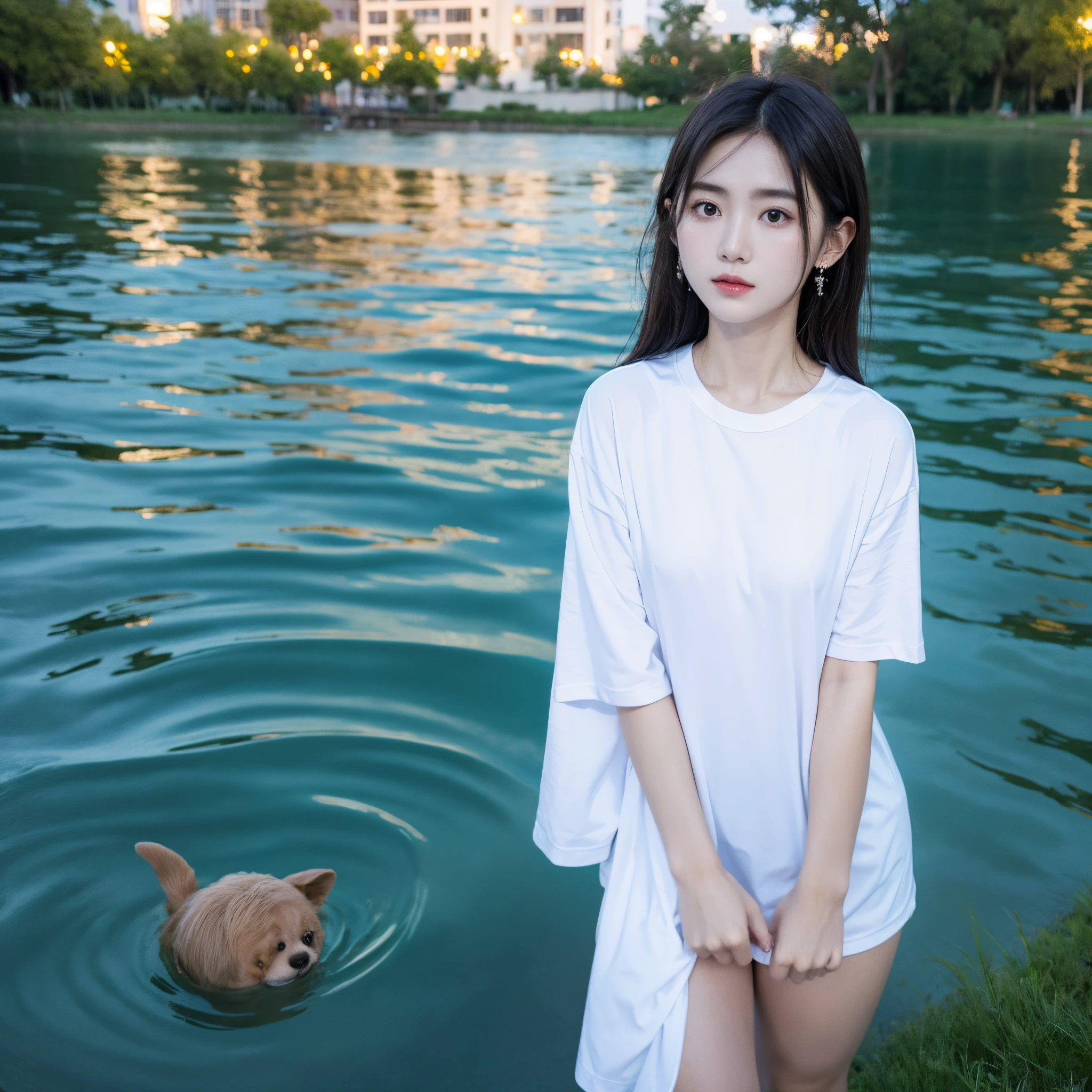 1 girl, wearing white t shirt, standing, midget, earing, in the lake with moon in the sky