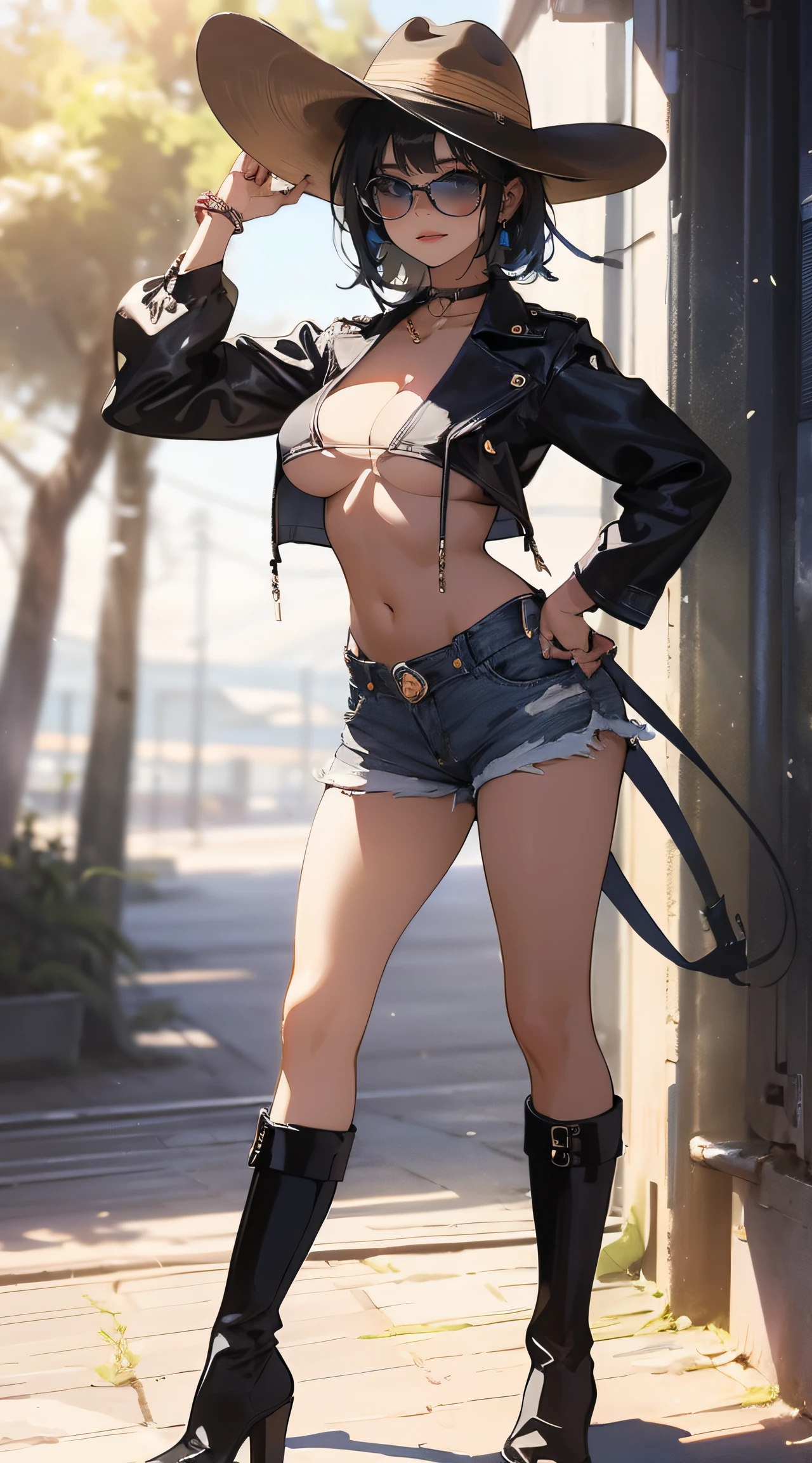 Cowboy girl，wearing a cowboy hat，wears dark glasses，Short hair details，Leather whip in hand，wearing leather boots，Wear denim skirts，Wearing pink long sleeves，Semi-realistic，Epic light and shadow，Epic work，Full body like(1.2)，Plain gray background(1.1)，Sexy standing posture，Bigboobs，delicate picture，Two-dimensional hook line style，Accurate structure，finely detailled