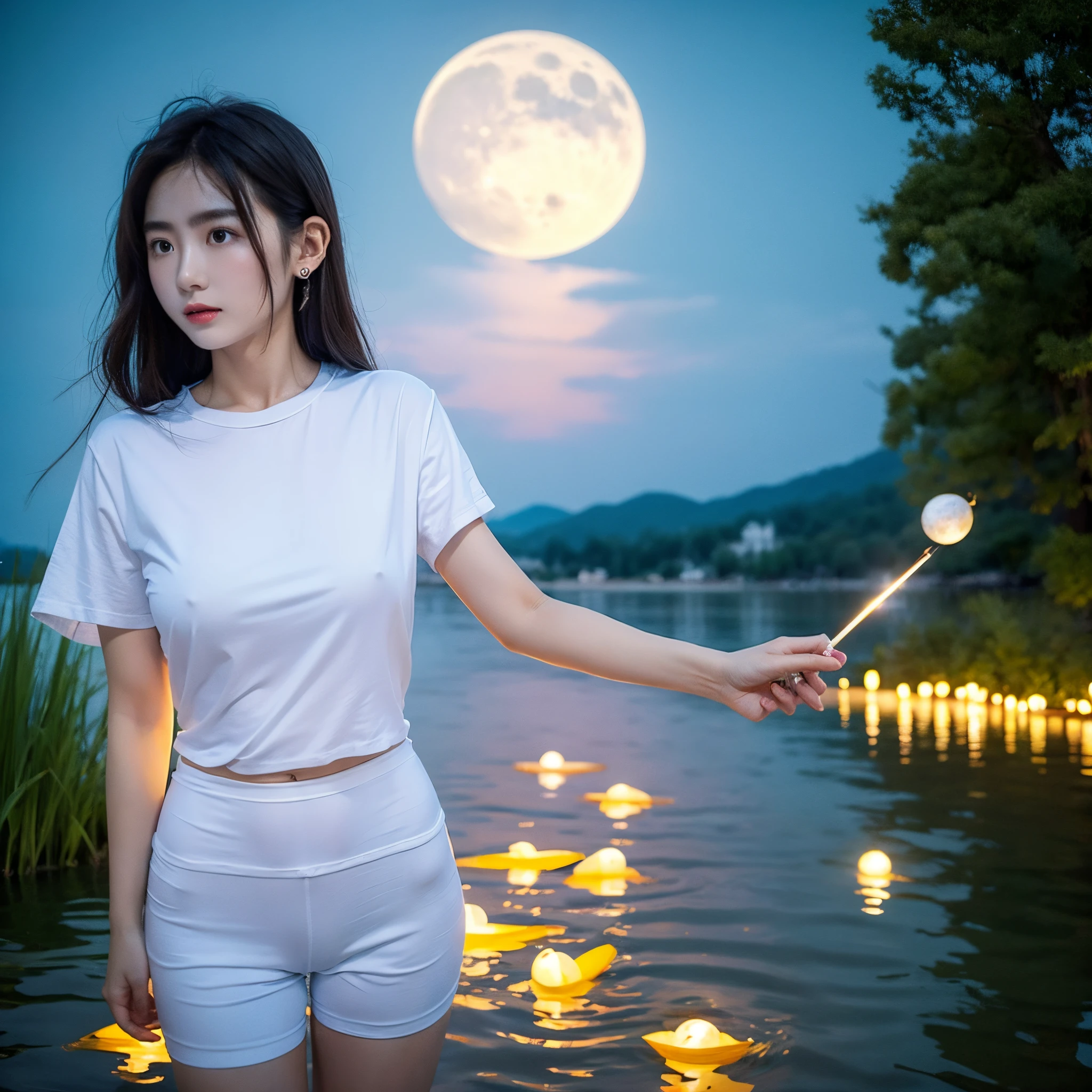 1 girl, wearing white t shirt, standing, midget, earing, in the lake with moon in the sky, holding a magic rod