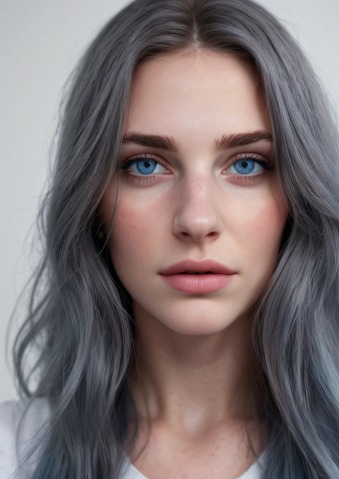 (Best quality, detailed)a pretty hair young woman (high quality, highres,realistic), ((solo, solo focus)),realistic,portrait,(beautiful)beautiful face,perfect anatomy,25 year old(best quality, ultra-detailed, highres, best realistic ),perfect face, ((solo, solo focus)), realistic skin,(bloom), (shine),solo,solo, 1girl, girl focus, solo, facial hair,realistic blue hair, long hair, closed mouth,shirt, portrait, upper body, wavy hair,,depth_of_field,white wall background,(detailed eyes), (beautiful) beautiful detailed eyes,perfect anatomy,dynamic angle, wide shot, upper body,detailed skin pores, medium pupil, gray eyes, realistic lips,