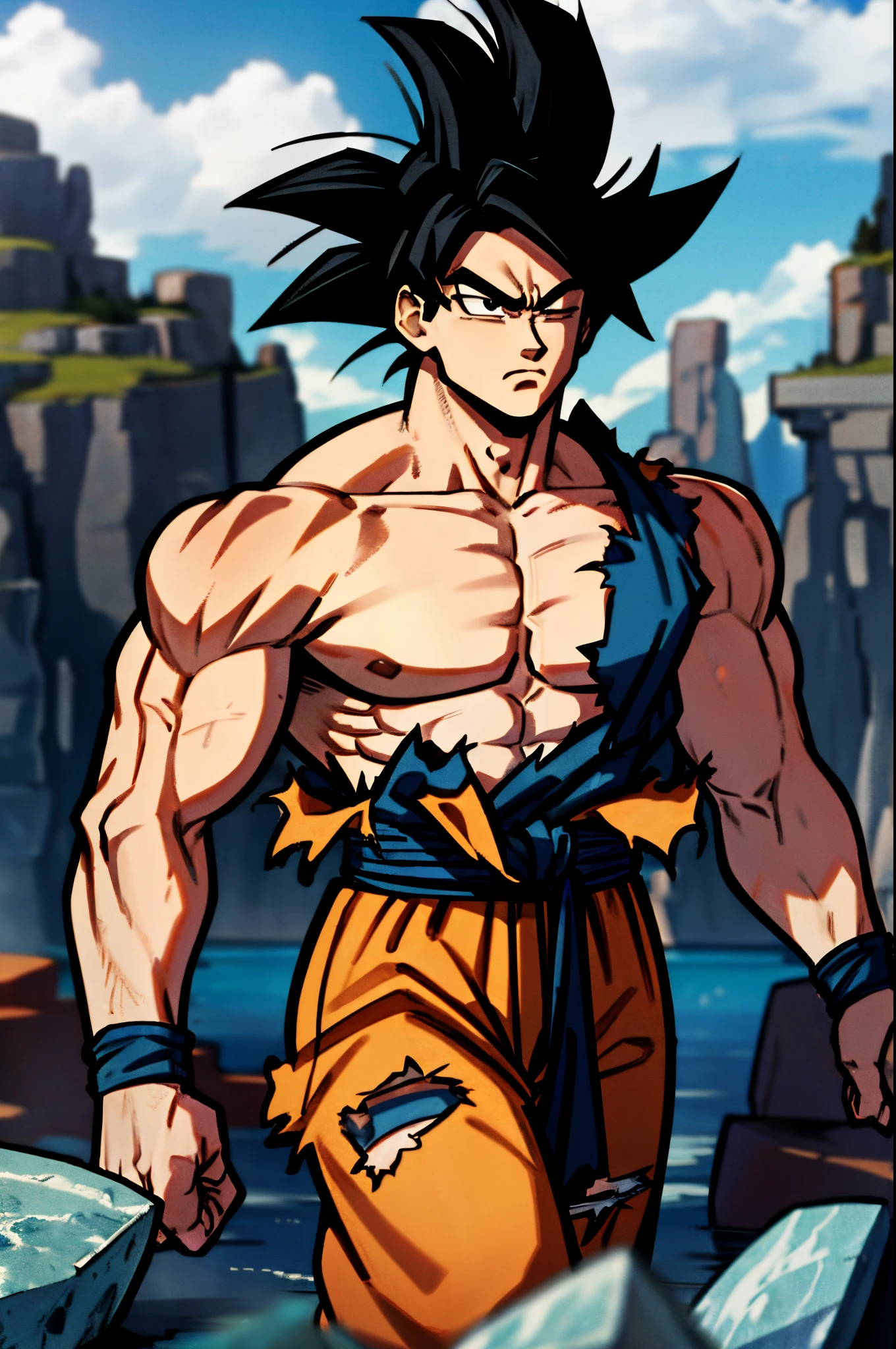 son goku, 1boy, closed mouth, male focus, muscular, muscular male, rock, sash, serious, solo, spiked hair, topless male, torn clothes, ultra instinct, black eyes, black hair, ((masterpiece))