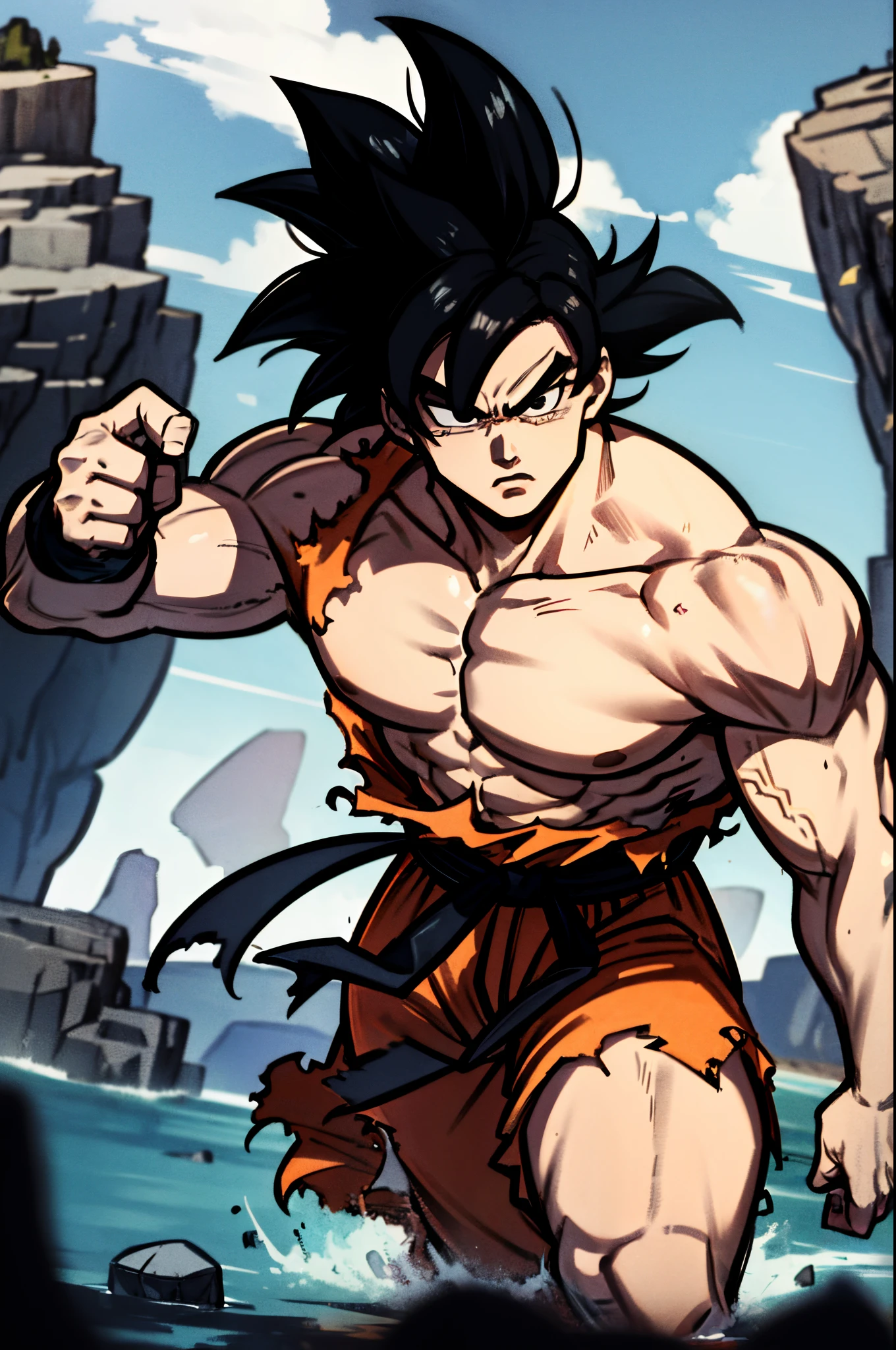 son goku, 1boy, closed mouth, male focus, muscular, muscular male, rock, sash, serious, solo, spiked hair, topless male, torn clothes, ultra instinct, black eyes, black hair, ((masterpiece))