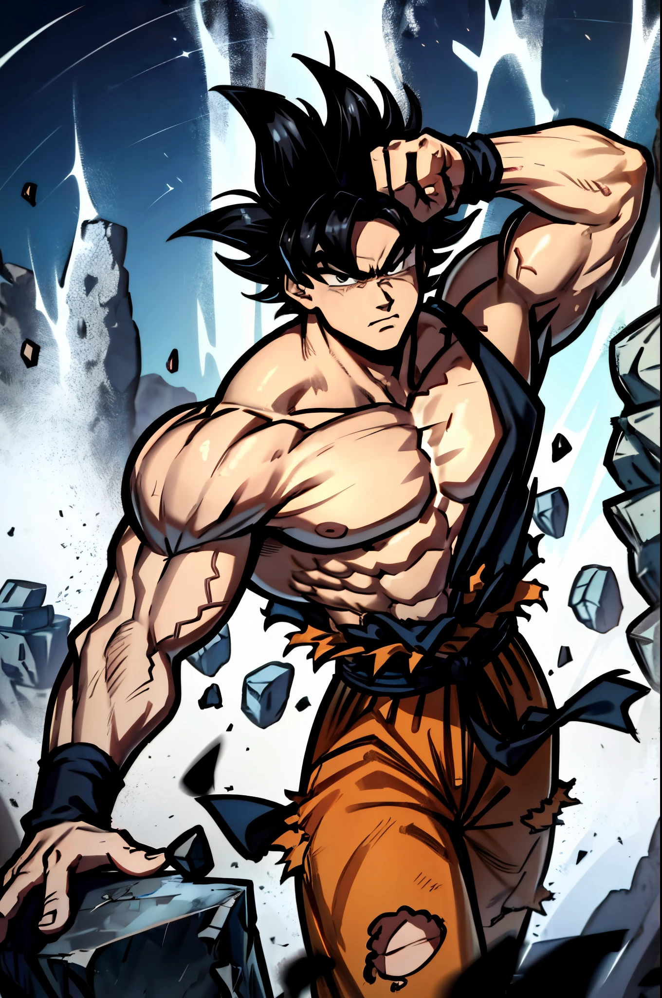 son goku, 1boy, closed mouth, male focus, muscular, muscular male, rock, sash, serious, solo, spiked hair, topless male, torn clothes, ultra instinct, black eyes, black hair, ((masterpiece))