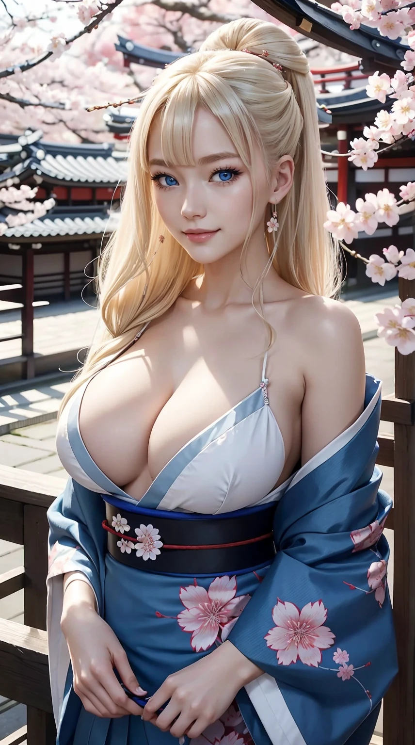 25-year-old Caucasian woman、platinum-blonde、blue eyess、Semi-long、tying up hair、a smile、I don't want my head to disappear from the screen.、Tying hair、wearing a kimono with a cherry blossom pattern、Standing in Kyoto with autumn leaves、She wears Japanese hair ornaments in her hair.、huge tit