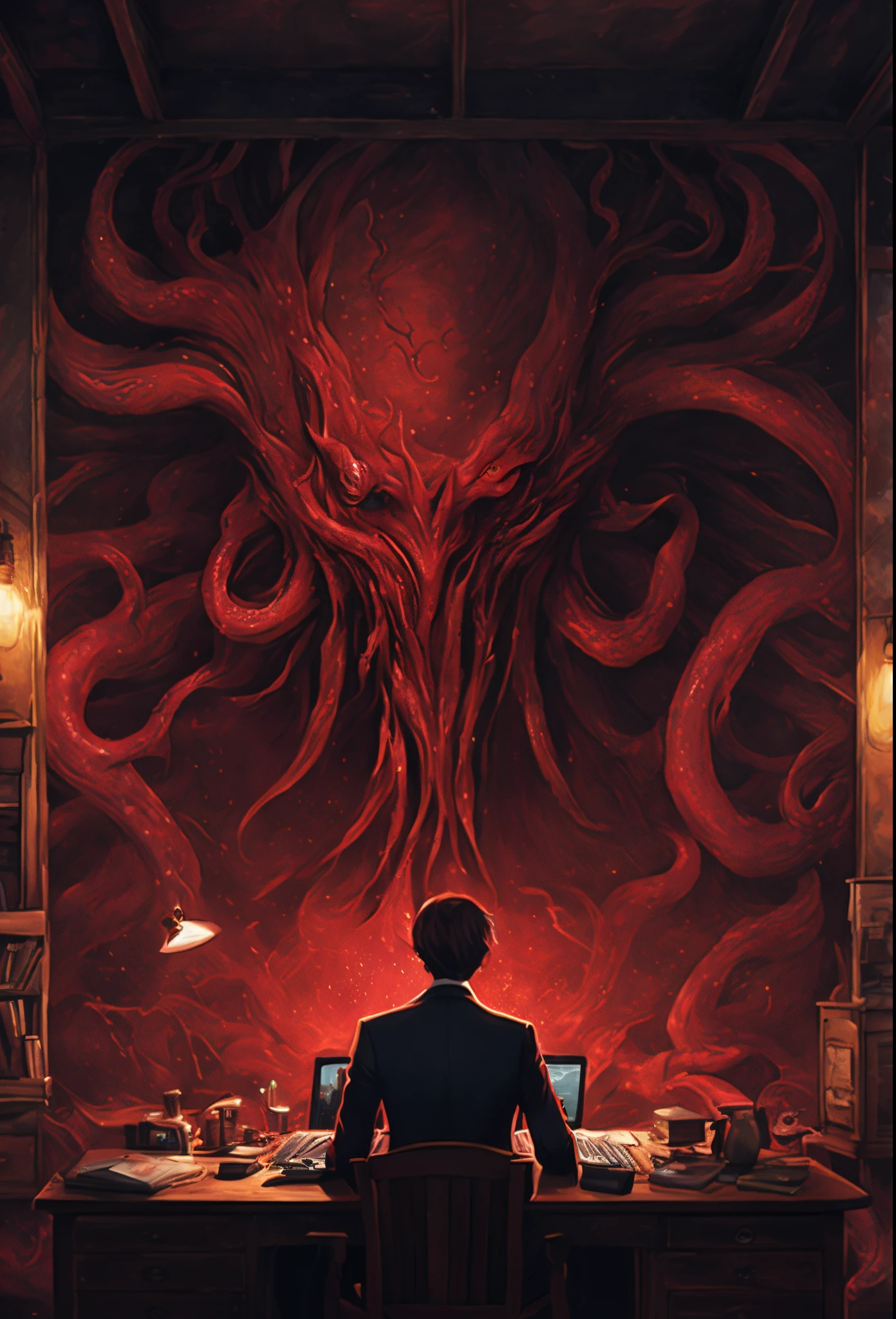 There was a man sitting at the table,holding a laptop in his hand,In front of me is a huge octopus, lovecraftian background, lovecraft illustrations, and Mumford Tom Bagshaw., HP Lovecraft style, lovecraftian inspiration, Dan Mumford art style, lovecraft art, inspired by H.p. Lovecraft, lovecraftian, lovecraft horror movies, lovecraftian style, inspired by lovecraft