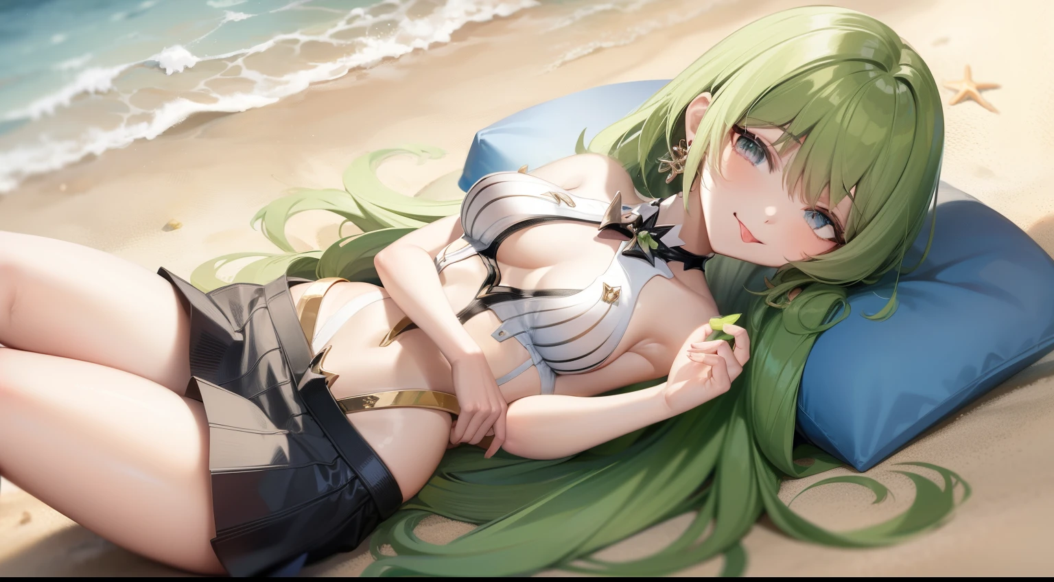 a anime girl wearing a mini skirt laying on the beach with the sea behind her, extremely detailed, HD, highres, beautiful, skirt, mini skirt, 1girl, green hair, green eyes, outdoors, tongue, solo, lying, tongue out, beach, earring, single earring, jewelry, looking at viewer, small breasts, long hair, bangs, bare shoulders, cleavage, day