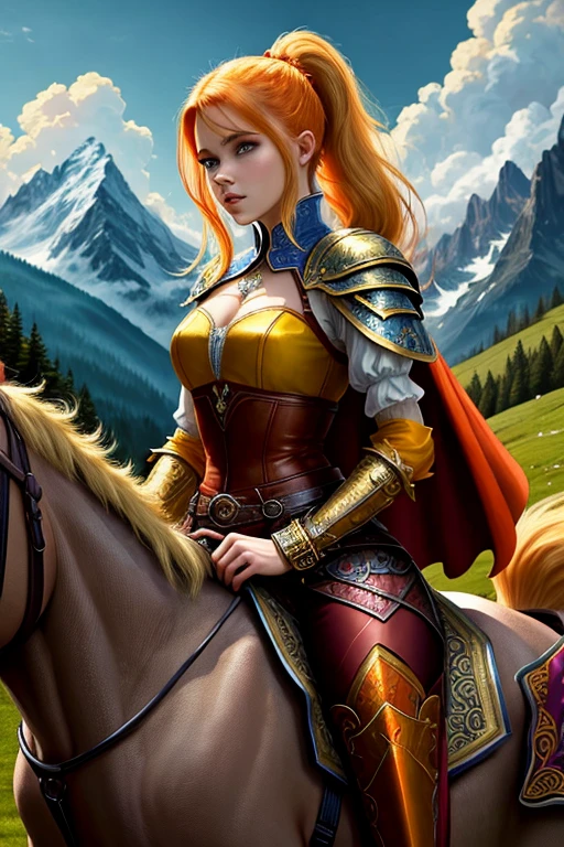 Face-BarbaraPalvin RPG character painting dungeons and dragons, medieval D&D bard riding horseback (warhorse:1.2), Barbara Palvin, lute, (orange:0.5) shirt leather pants armor, elaborate, ornate, adventurer cape, (blonde hair, top pony tail:1.1), standing in grass, (dark forest:1.1), (alpine mountains:1.1), clear sky, (masterpiece:1.3) (best quality) (detailed) (8k) (HDR) (wallpaper) (cinematic lighting) (sharp focus) (intricate) (Style-Renaissance:0.3)