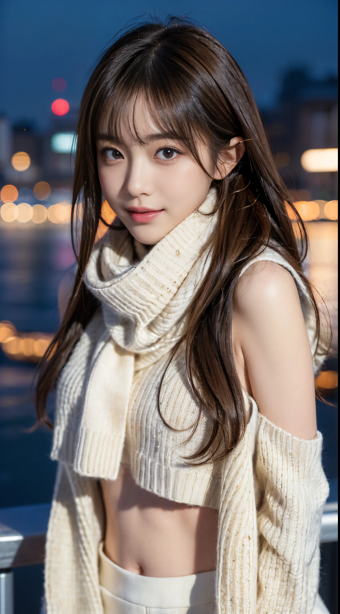 1 japanese girl,(Sweaters:1.4),(She wore a knitted scarf around her neck covering her chin:1.5), (RAW photogr, Best quality at best), (actual, 真实感:1.4),(Focus on thighs and above),Dynamic posture,Superskirt, Extremely Delicately Beautiful, The content is very detailed, 8K wall, Extremely detailed CG unification, A high resolution, gentlesoftlighting, Beautiful detailed 25 year old, Extremely detailed eyes and face, beautiful detailed nose, beautidful eyes,电影灯光,city light at night,perfect anatomia,long slim figure,Smiling (hair messy, asymmetricalbangs, Light brown hair,)