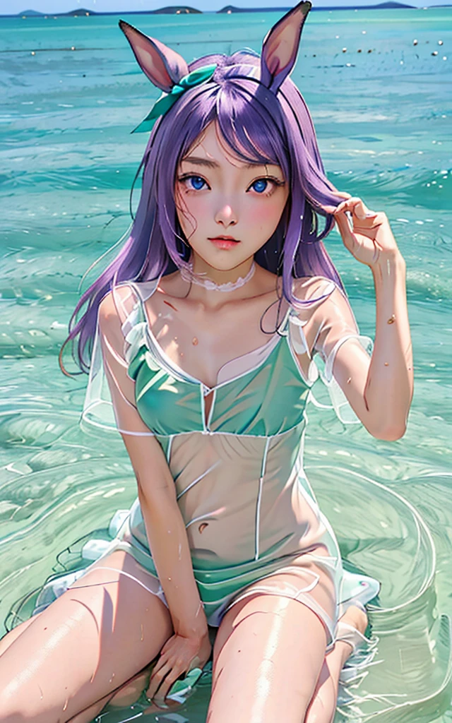 (8k、RAW Photos、top-quality、masterpiece:1.2)、(realisitic、Photorealsitic:1.37)、1人、japanese、16-years old、femele、a beach、ocean backgroound、profetional lighting、(full bodyesbian)、perfectbody、purple hair、详细的脸、Detailed lips、detailed eyes、More skin、二重まぶた、(little-breasted:1.5)、(nipple protrusions)、pubick hair、((See-through wet green and white swim dress))、(Clothes see-through)、Sense of transparency、((no-bra))、(small green panties with white lace)、(cammel toe)、(Wet body)、shinny skin、(Half-sitting)、((bend your knees and open your legs wide))、sexy and cute facial expression、purple eyes、Make eyes contact with the camera, horse girl, ((uma musume))