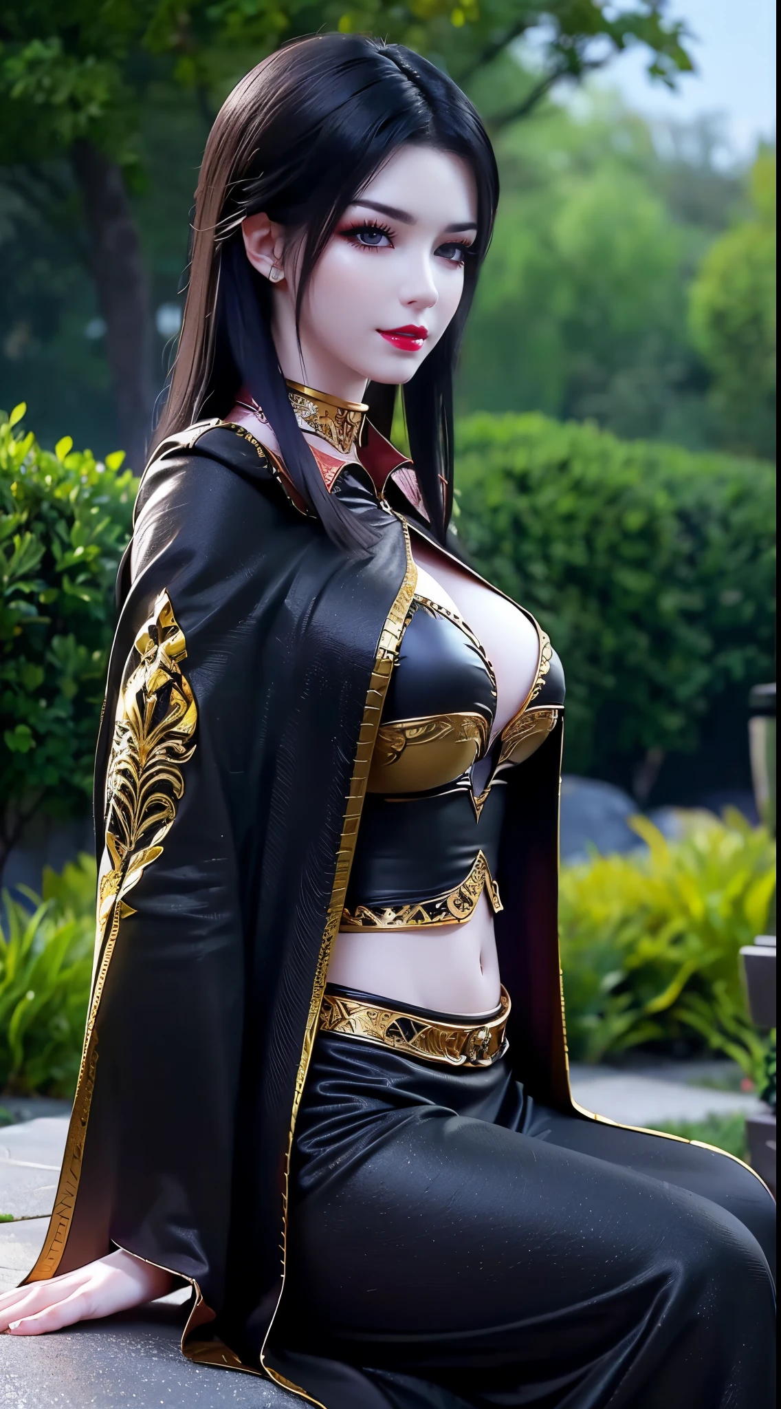 An extremely beautiful 20 year old girl, girl with a pretty little face, (( girl wearing a black robe with gold trim: 1.2)), Super beautiful and detailed hair jewelry, colorful gemstones, elegant pose, garden background, soft lighting,vibrant colors, delicate facial features, long jet black hair, big and round breasts, black eye pupils, round breasts, round platinum eyes are beautiful and super detailed, ((orange red makeup eyeshadow: 0.6)) mouth closed tightly, dreamy atmosphere, girl with a well-proportioned body, ((sexy sitting position: 1.5)), ((clasp the girl's hands behind her back: 1.2)), ethereal beauty, proud expression, clasped the queen's hands behind her back, strikingly graceful, lovely and charming, attention to detail, regal and majestic, fairytale-like ambiance,1 girl, 1 alone, (((frontal portrait:0.8)))."