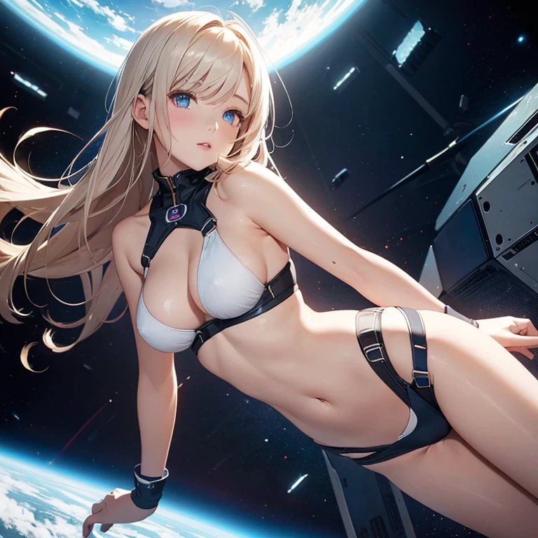 1 girl, in space, visible breasts suit, perfect body, medium breasts, beautiful face, beautiful eyes, floating, masterpiece, high quality, Expose the lower half of the breast,