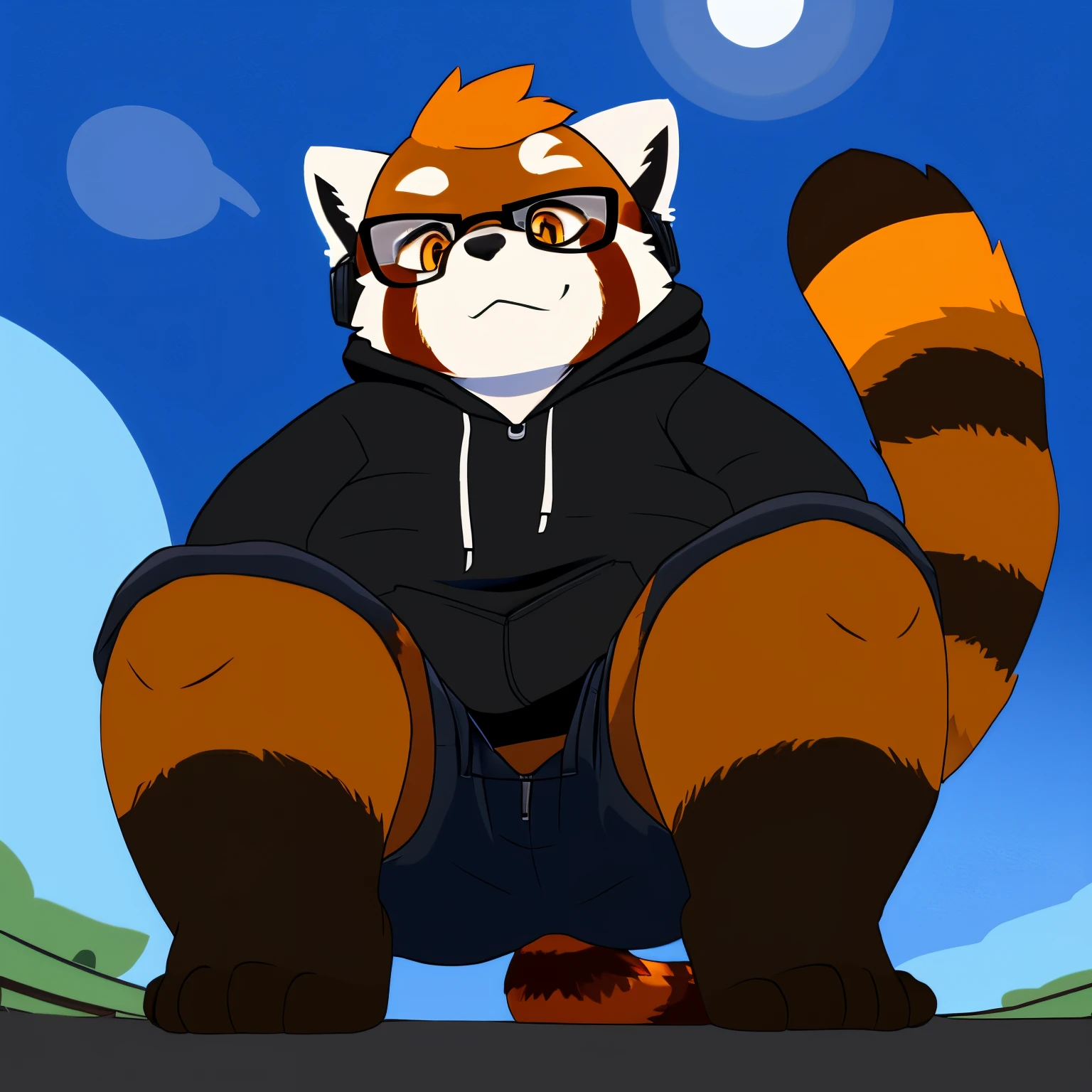 red panda, anthro, male, chubby, solo, black short sleeve hoodie, black elastic shorts, headphones, black glasses, intimidating, amber eyes, looking up perspective, perspective from tiny, leaning over, crouched down, low angle, paws, (he is looking at tiny), top bun