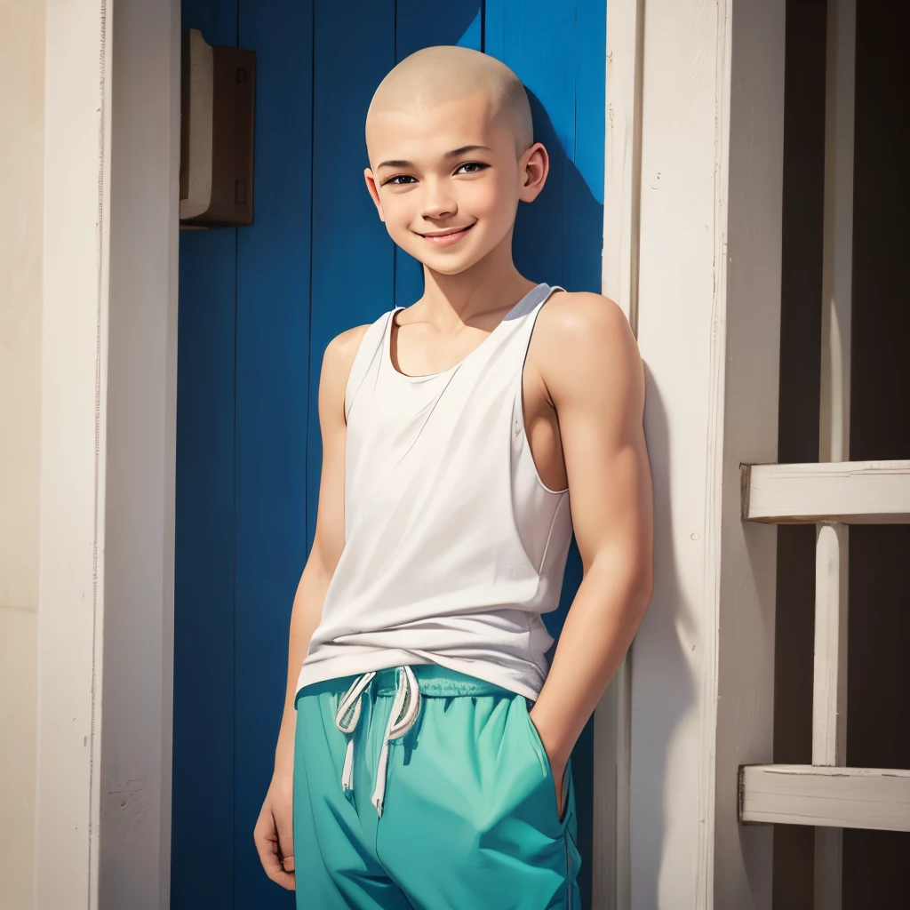 (masterpiece:1.1), (top-quality:1.1), 12year old, Shaved head, (white tank tops:1.2), (White saltwater pants:1.1) , a smile, is standing, (full bodyesbian:1.2)