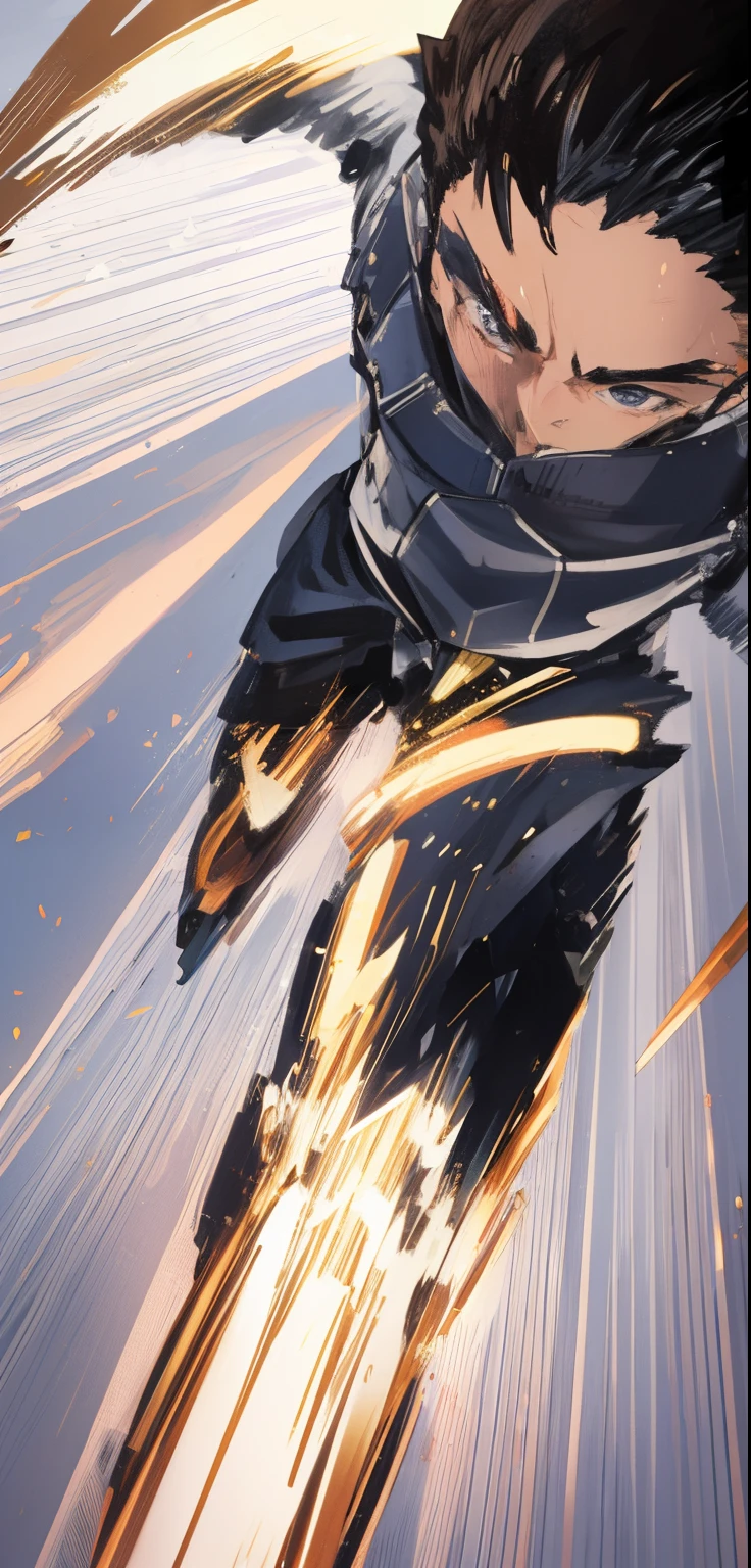 Imagen de un hombre con su traje de combate, corriendo a mucha velocidad.