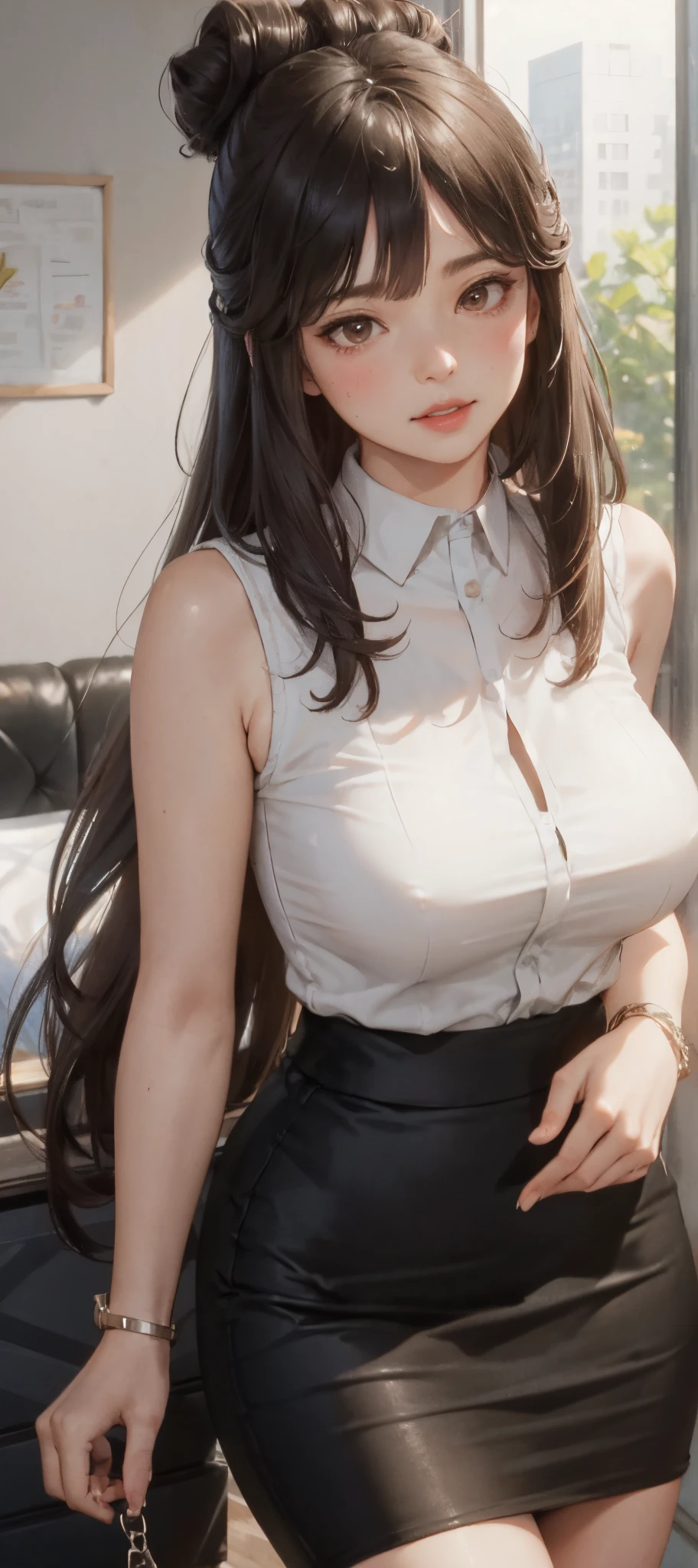 1lady standing, /(casual shirt/) (black pencil skirt:1.1) /(id card lanyard/), mature female, /(brown hair/), /(sleeveless/), bangs, moaning, lips apart, blush, sexy, (masterpiece best quality:1.2) delicate illustration ultra-detailed BREAK /(modern office indoors/), window skyscraper
