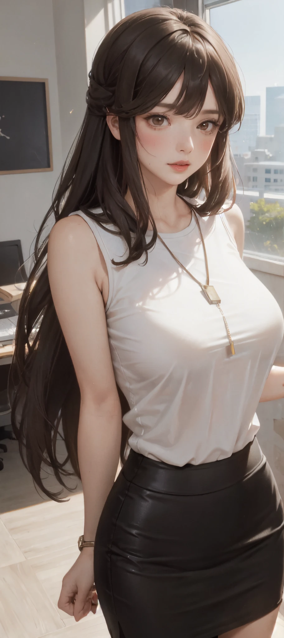 1lady standing, /(casual shirt/) (black pencil skirt:1.1) /(id card lanyard/), mature female, /(brown hair/), /(sleeveless/), bangs, moaning, lips apart, blush, sexy, (masterpiece best quality:1.2) delicate illustration ultra-detailed BREAK /(modern office indoors/), window skyscraper