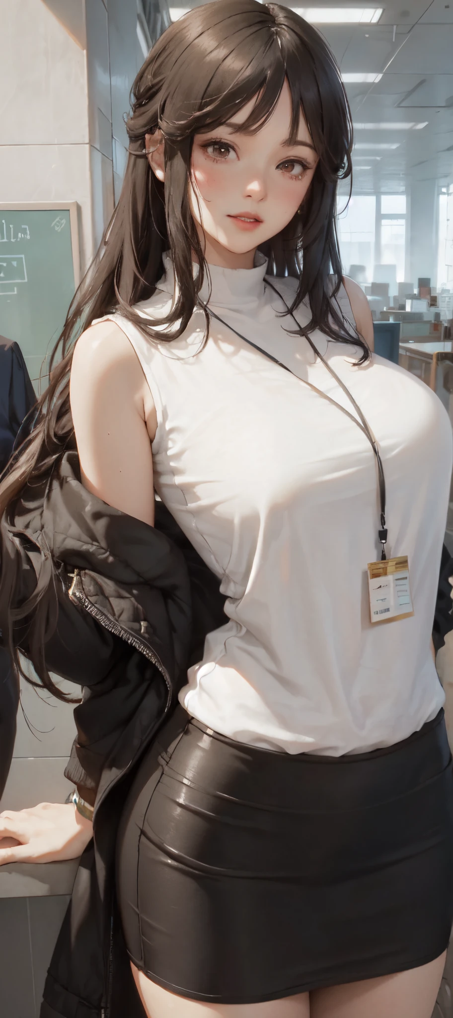 1lady standing, /(casual shirt/) (black pencil skirt:1.1) /(id card lanyard/), mature female, /(brown hair/), /(sleeveless/), bangs, moaning, lips apart, blush, sexy, (masterpiece best quality:1.2) delicate illustration ultra-detailed BREAK /(modern office indoors/), window skyscraper