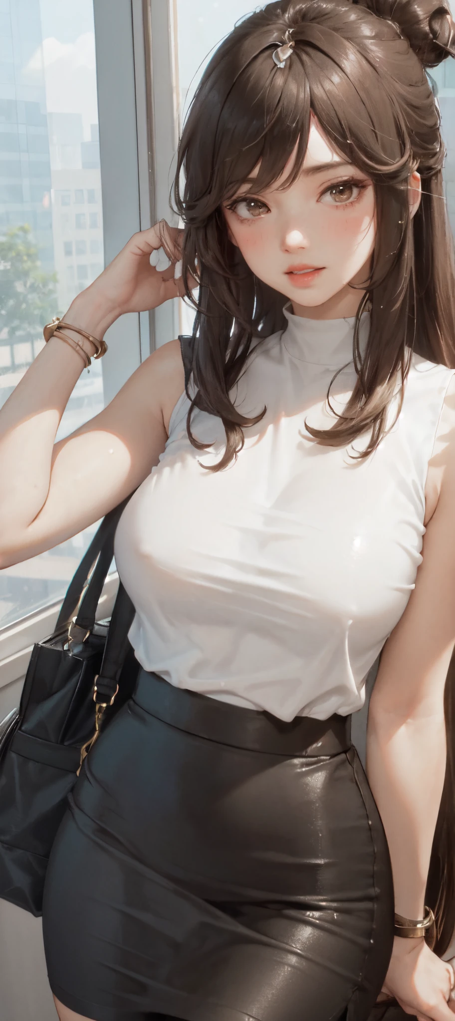 1lady standing, /(casual shirt/) (black pencil skirt:1.1) /(id card lanyard/), mature female, /(brown hair/), /(sleeveless/), bangs, ???????, lips apart, blush, ????, (masterpiece best quality:1.2) delicate illustration ultra-detailed BREAK /(modern office indoors/), window skyscraper