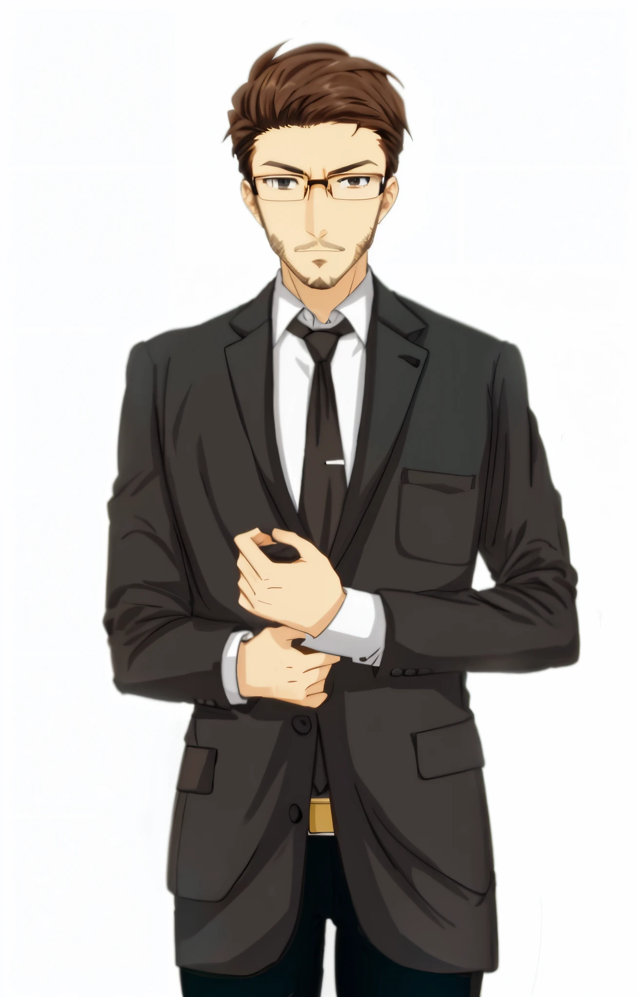 Brown hair glasses anime man with slim mustache and beard in a suit and tie, wearing a suit and glasses, anime handsome man, in a office suit