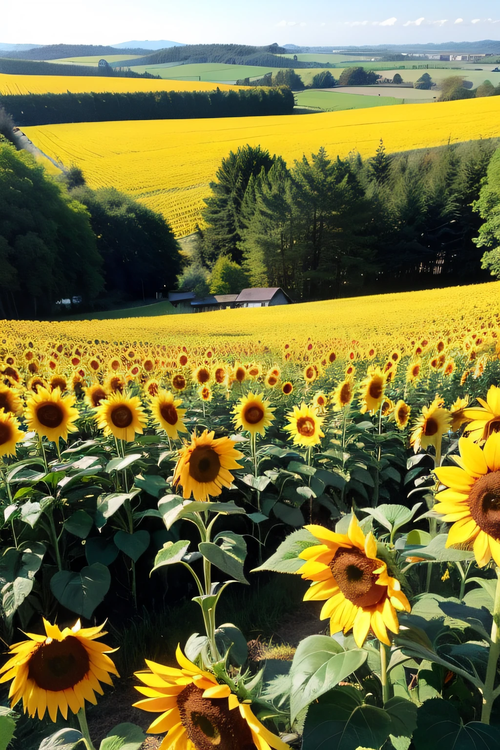 Sunflower field in the sun，There are old houses in the distance