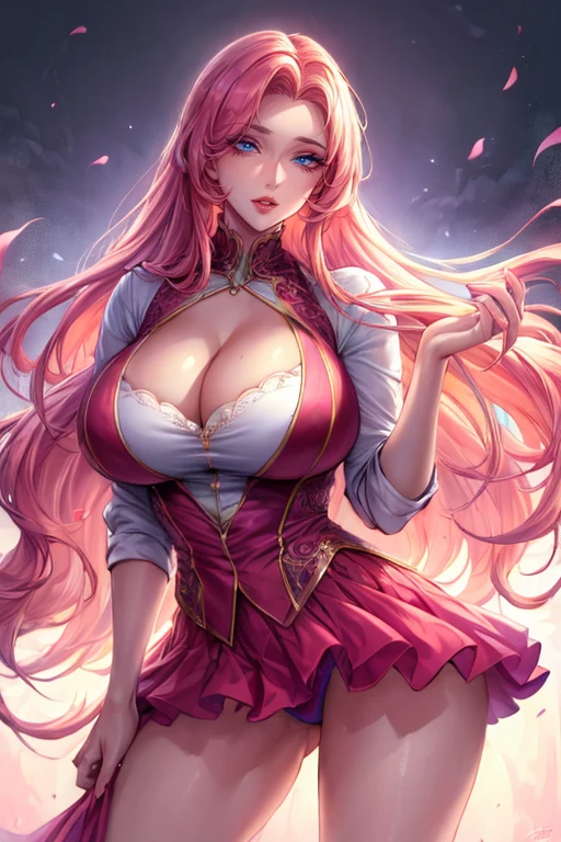 (best quality, realistic:1.37), vibrant colors, soft lighting, detailed background, flowing hair, confident pose, highly heeled, perfect eyes, quality eyes, low-cut, beautiful legs,intricate clothing details,original face in photo,cleavage shirt