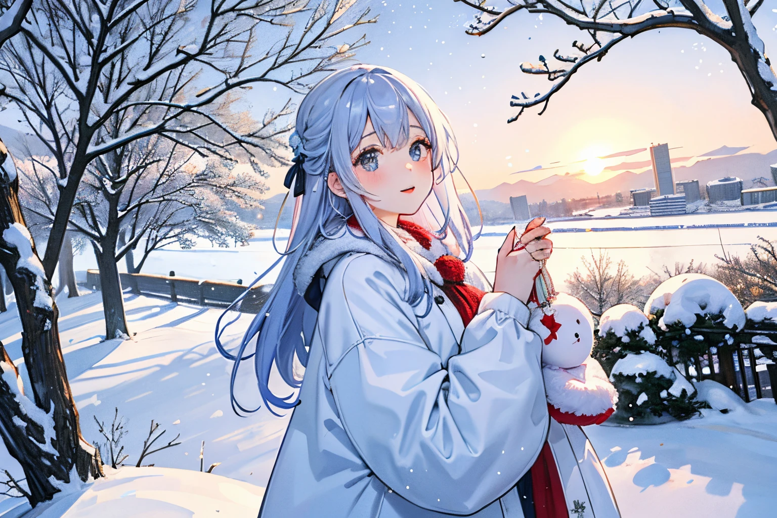 girl with、Lots of snow、Lots of snowflakes、Christmas tree、There are many decorations on the tree、colorful decorations、Winters、Lots of stars、There are many city lights in the distance