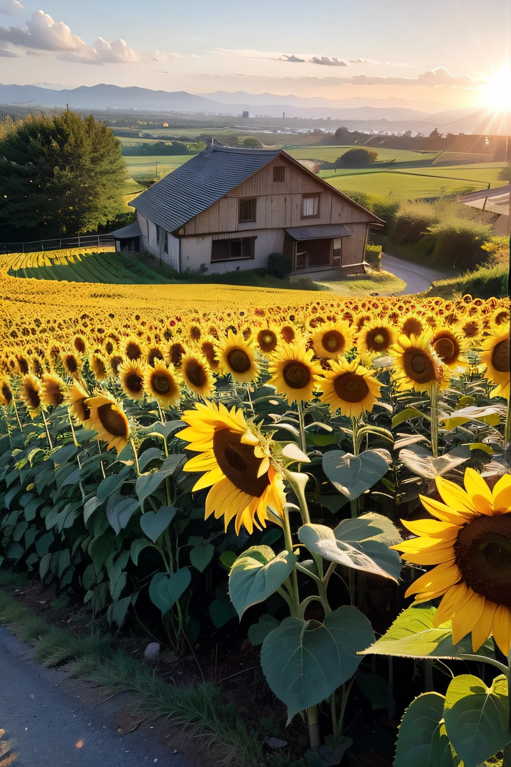 Sunflower field in the sun,There are old houses in the distance