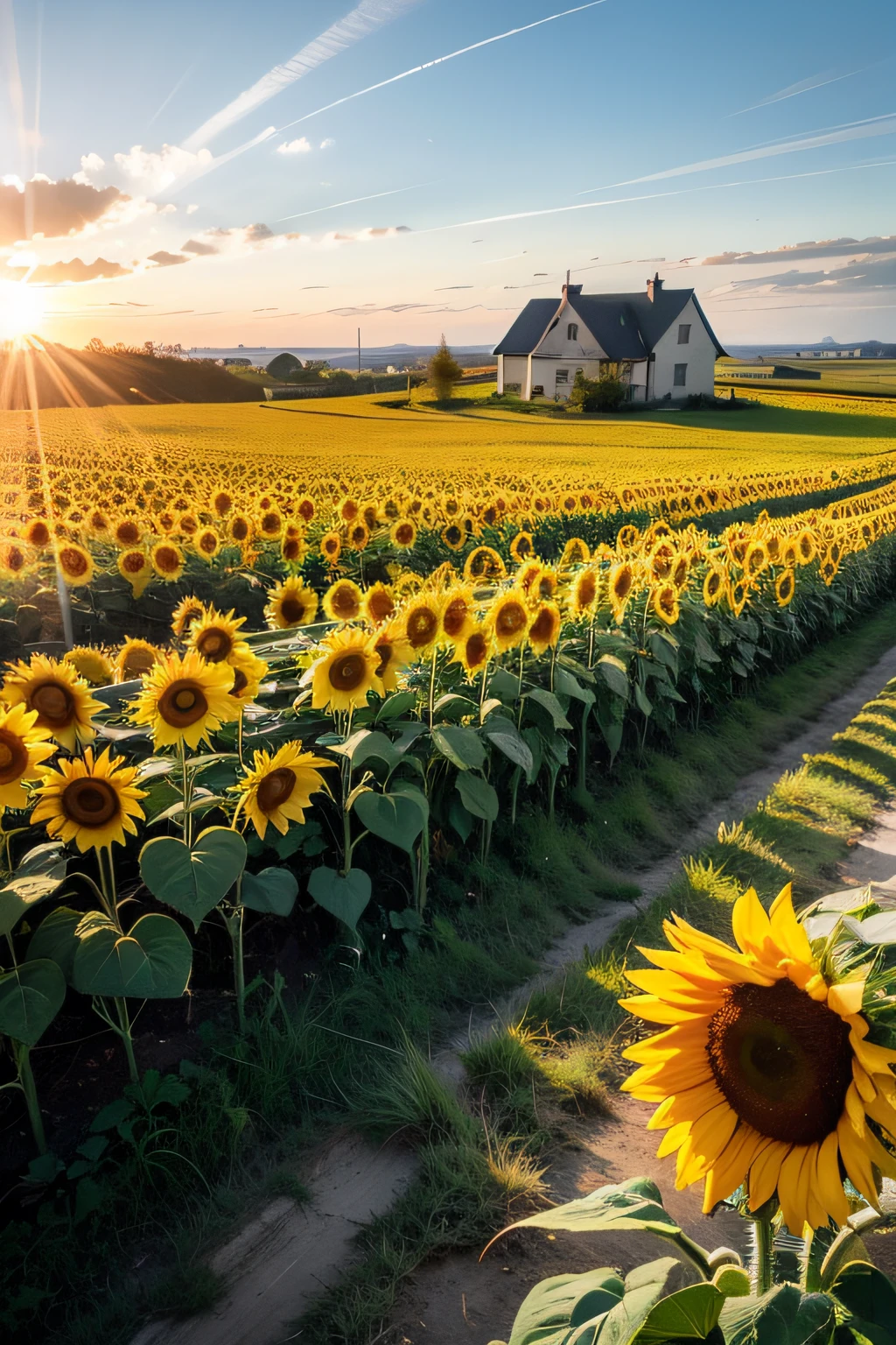 Sunflower field in the sun,There are old houses in the distance