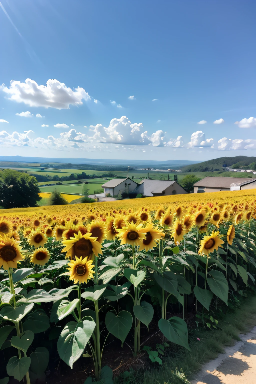 Sunflower field in the sun,There are old houses in the distance