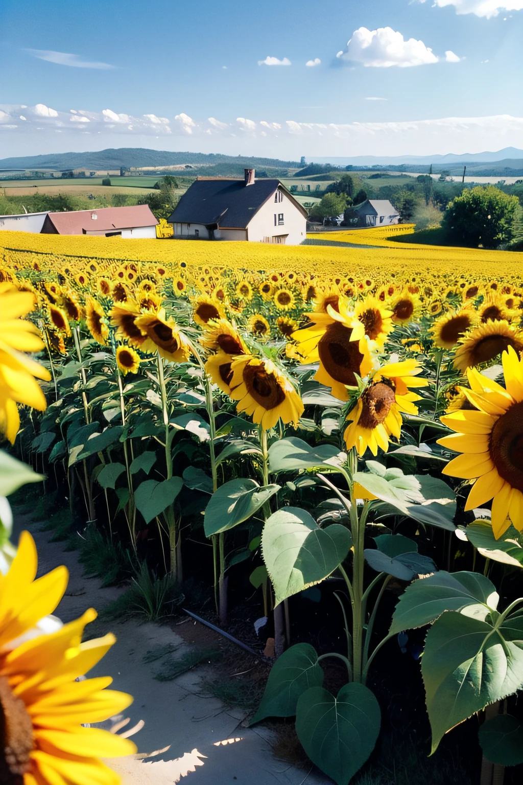 Sunflower field in the sun,There are old houses in the distance