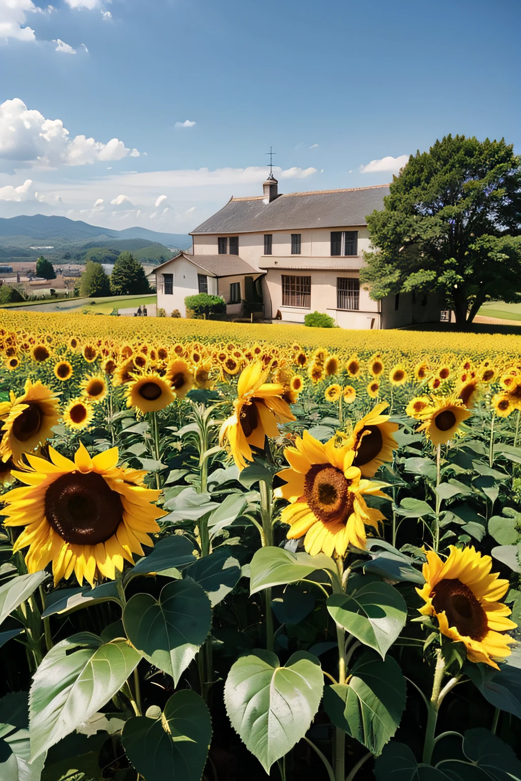 Sunflower field in the sun,There are old houses in the distance