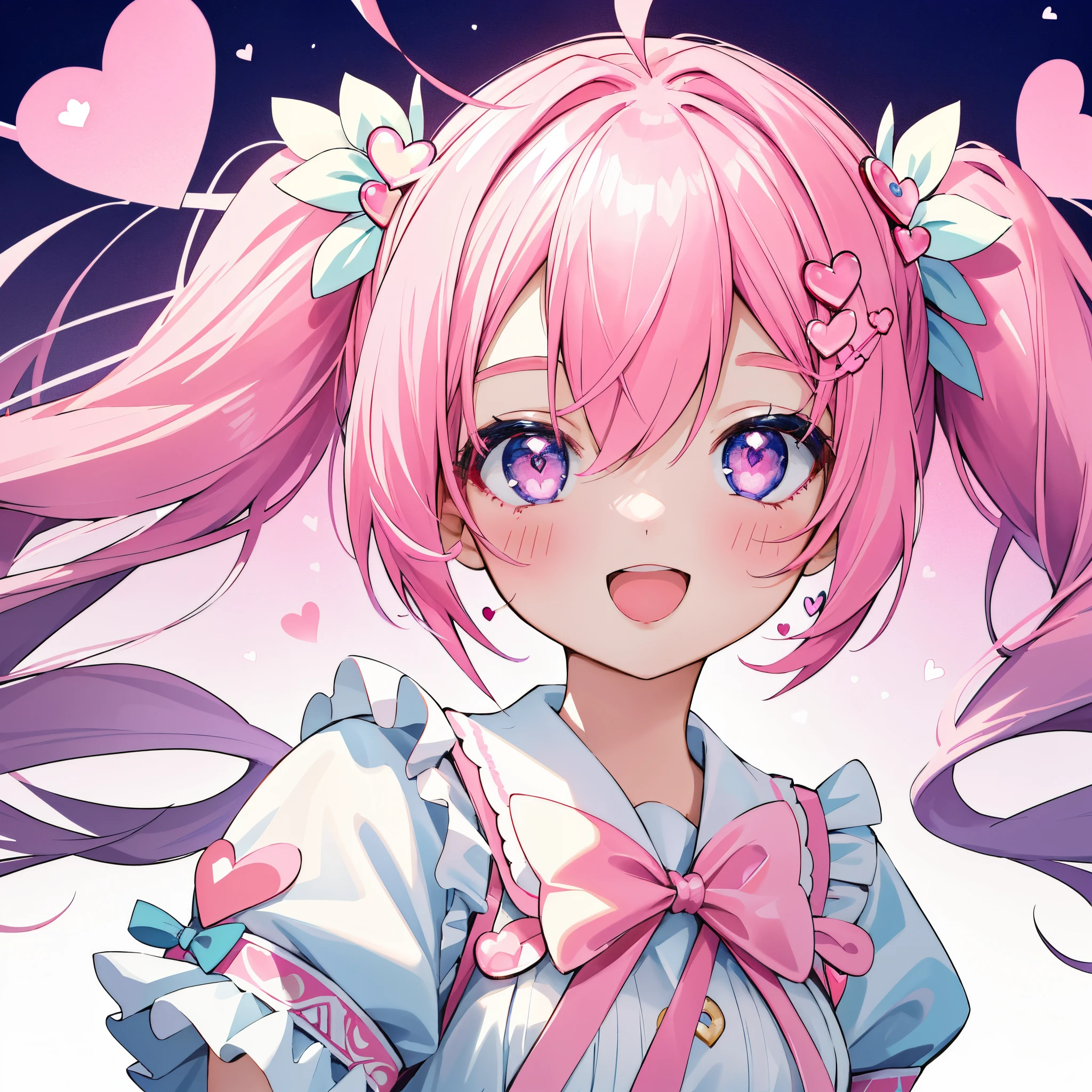 Masterpiece, best quality, high quality, ultra detailed, 1girl, face focus, pink hair, wavy twin-tails, hearts, love is in the air, hair ornaments, lovely, smile, open mouth, absurd res, white background, no background