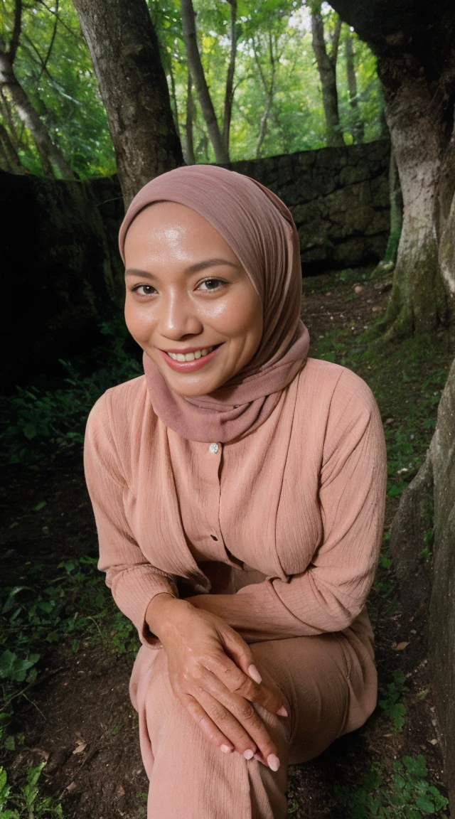 1 matured 40 years old malay girl in hijab naked kneeling and smiling in a dark forest look to the viewer with eye close, top angle shot, pov from top, wet body, wet face with   ,