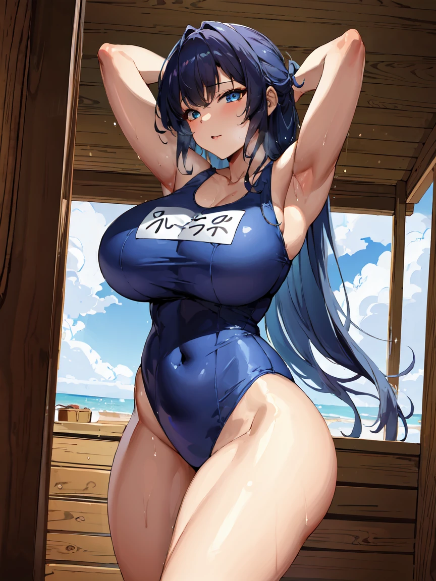 (masterpiece, best quality), high resolution, extremely detailed, (sexy:1.2), cinematic lighting,(Sexual expression:1.2), (Seductive Anime girl:1.3), (bold line:1.2), looking at viewer, cowboy shot, gradation, //, a cute girl, 1gril, , (solo:1.2), //, Semi-long soft waves hair style, beautiful blue hair, (beautiful eyes), (Perfect eyes:1.2), (Perfect iris:1.2), (SFW huge breasts), thick thighs, //, (one-piece school swimsuit:1.3), //, (droopy eyes:1.2), //, beach, tranquil atmosphere, //, sparkling effect, lens flare, shiny-glistening, shiny body, gleaming
