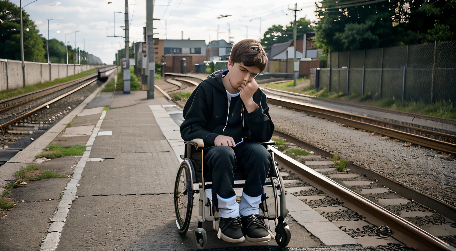 white european boy, 16 years old boy, Disabled student in a wheelchair, sad at the railway crossing, HD quality, Depth of field, 2 0 megapixels, 20 megapixel, TIME OF DAY