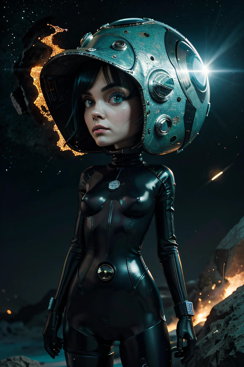 Un dibujo animado plano moderno Loco con un Big ONE, a one eyed and helmet style robot with a big super space bike, como Christina Ricci desnuda con cabello cian, cabeza de alfiler, camuflaje Negro Amarillo Oxidado, Atmosphere in the crater of a super-detailed meteorite, centro, Beautiful, Soft lighting, Centrado en el personaje, 4k-resolution, Photorealistic rendering,