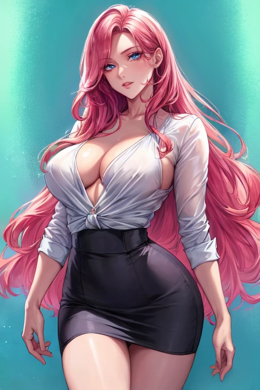 (best quality, realistic:1.37), vibrant colors, soft lighting, detailed background, flowing hair, confident pose, highly heeled, perfect eyes, quality eyes, low-cut, beautiful legs,intricate clothing details,original face in photo, shirt,cleavage pencil skirt,small boobs,elegant