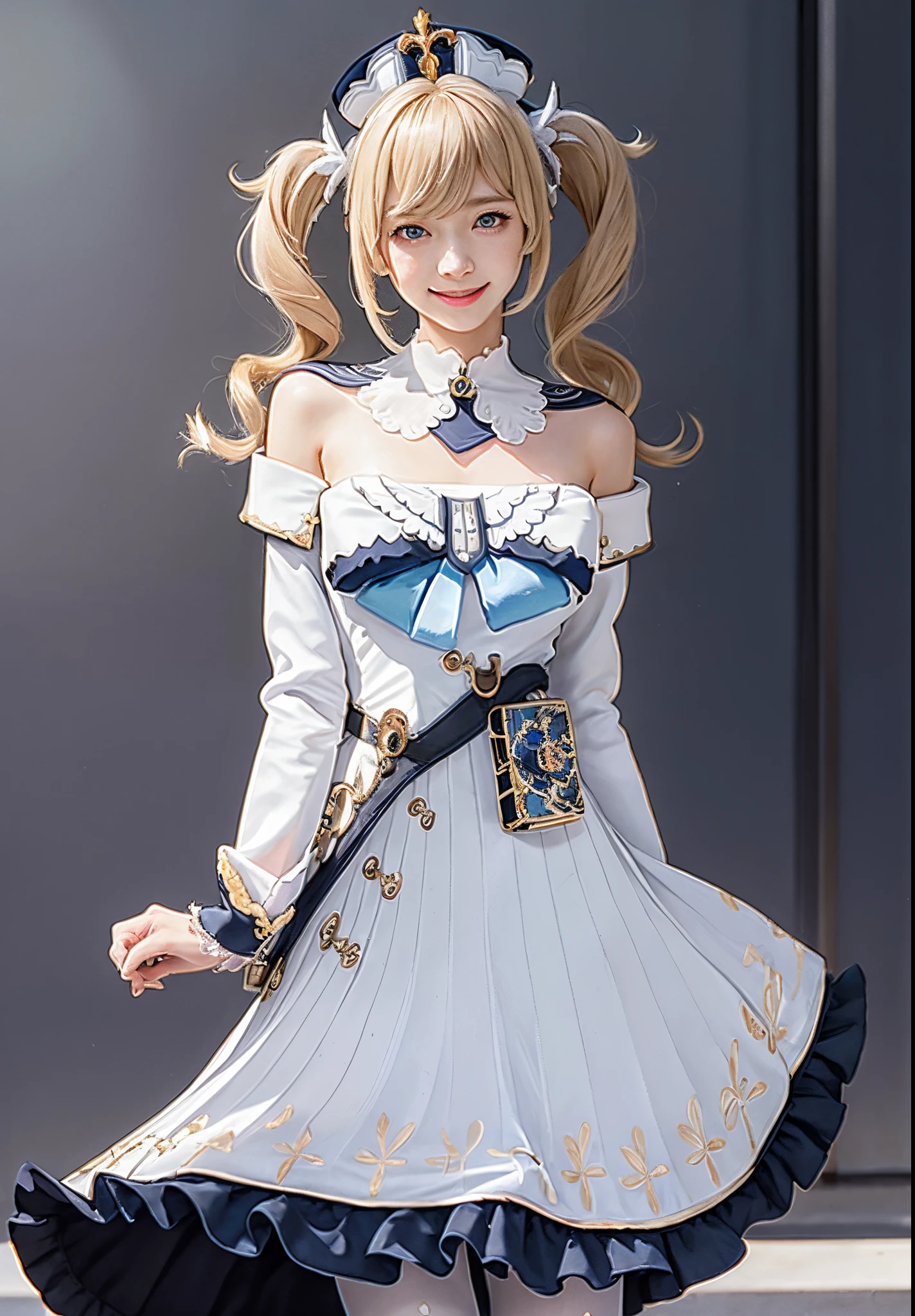 masutepiece, Best Quality, 1girl in,Smile,, hat,Latin Cross,Blonde hair, Long hair,Twin-tailed,twin drills, Blue eyes,Bow,White Dress,frills skirt,Detached sleeves, Dress Cloth,White pantyhose,Boken,Belt bag,greybackground,