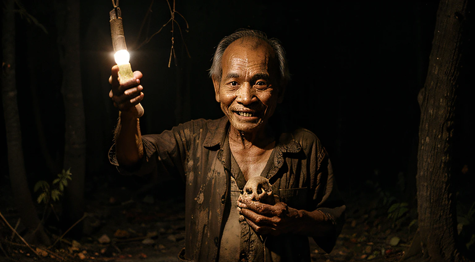 khmer old man with dirty clothes and scary smile is holding a human skull in hand in the dark forest at night (horror picture)