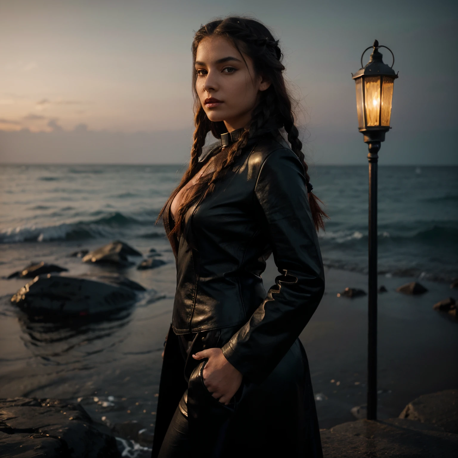 A beautiful girl of about 20, exotic beauty, long hair with elements of braids, red lips, in a black leather suit in the Gothic, steampunk style. A girl stands on a stone on the ocean shore, looks
  into the distance, night, soft light from lanterns, neon tones, cinema, Highest quality, High detail, Hyperrealism, Cinematic quality, High detail,
