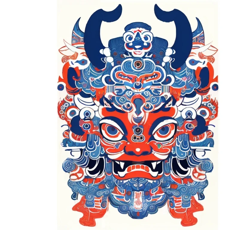 Poster of a mask with a horned face and many other symbols, asura from chinese myth, Ghost masks, Tengu mask, author:Ghana tour, jc leyendecker and deng shaqin, by Tim Biskup, inspired by Tim Biskup, demon samurai mask, Psychedelic laughing devil, ancient china art style, Deng Sachin