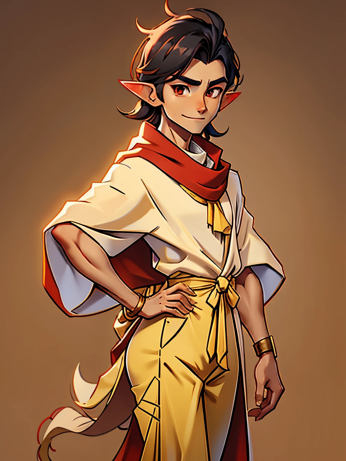 Young slender tanned guy - bird. black hair of medium length, Stacked on one side. golden eyes. slight smile. stubble on the chin. White caftan with gold bracers, red scarf and red pants. Bird's tail. Long pointed ears