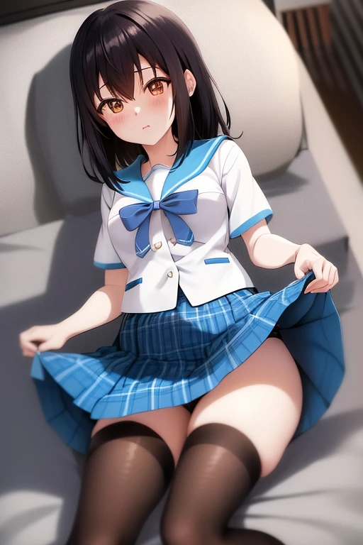 masutepiece, Best Quality, hight resolution, 1 Girl Himeragiyukina Shorthair, Serafuku Blue Bow Blue Skirt Plaid Skirt,Black pantyhose